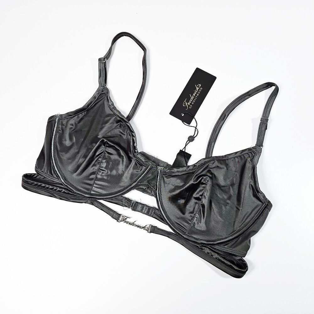 Frederick's of Hollywood Gray Wet Look Satin Logo Bra with Strap, Size 38C